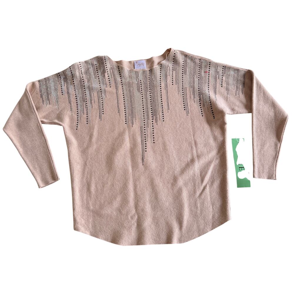 Sirenlily Petite Medium Beige Long Sleeve Rhinestone Jewel Sweater
